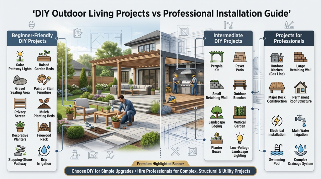 Luxury outdoor living infographic comparing beginner DIY projects, intermediate renovations, and professional outdoor construction projects around a modern backyard.