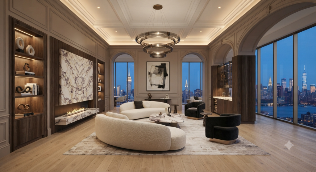 Transitional interior design featuring elegant furniture, neutral color palettes, modern lighting, classic architectural details, soft textures, and sophisticated home decor.