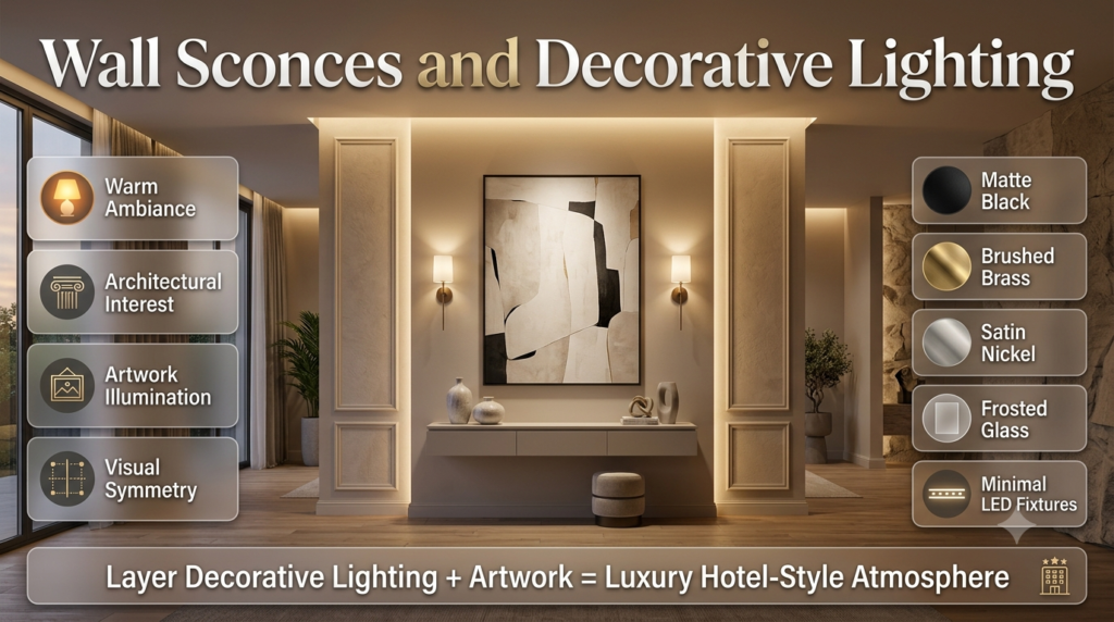 Modern luxury wall featuring elegant sconces, illuminated artwork, and minimalist LED lighting with infographic callouts highlighting designer lighting benefits and finishes.