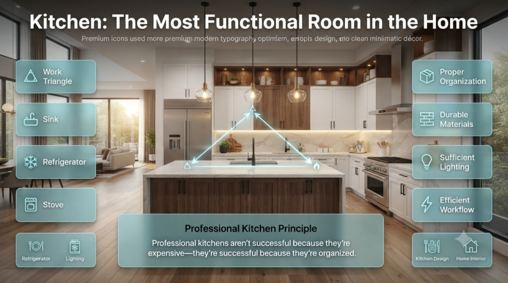 Luxury modern kitchen infographic illustrating the work triangle with sink, refrigerator, stove, organized storage, durable materials, and efficient lighting.