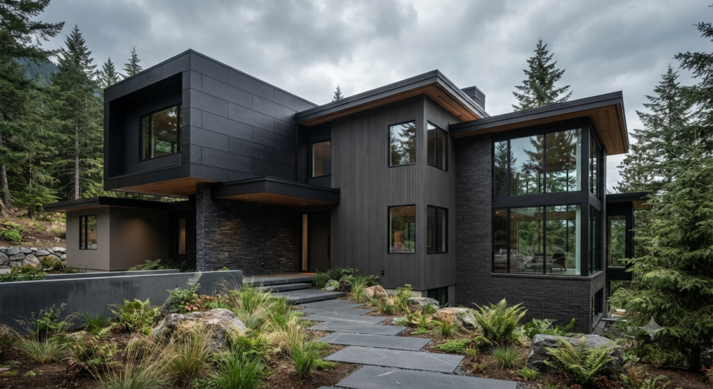 Choosing the right shade of black for a home's exterior with matte black, charcoal, soft black, and deep black siding paired with modern architectural design.