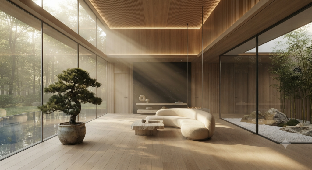 Japandi interior design featuring minimalist furniture, natural wood, neutral color palette, soft textures, indoor plants, and a calm Scandinavian-Japanese living space.