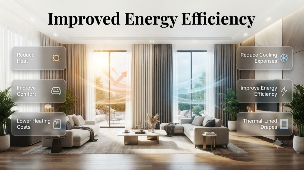 Luxury thermal-lined drapes covering large windows in a modern home, helping reduce heat gain, improve insulation, and increase energy efficiency.