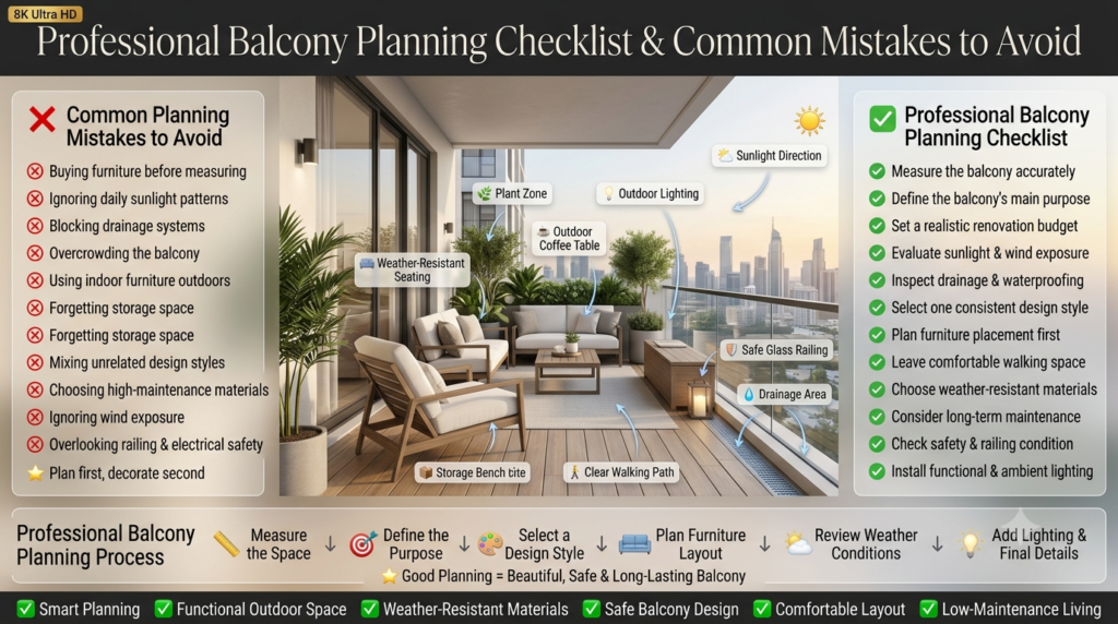 Luxury balcony planning infographic highlighting common renovation mistakes, professional planning checklist, weather-resistant materials, furniture layout, safety considerations, and smart outdoor design strategies.