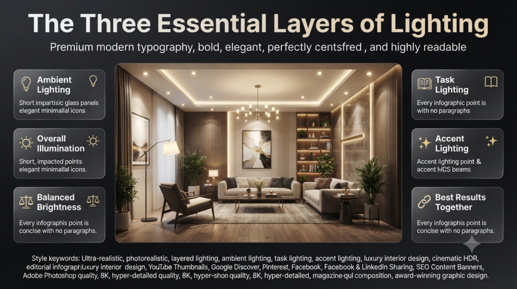 Modern living room illustrating the three essential lighting layers: ambient, task, and accent lighting working together for a balanced interior design.