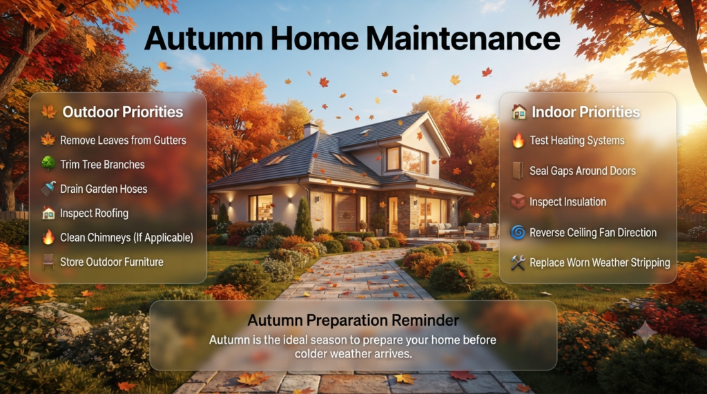 Luxury autumn home maintenance infographic featuring gutter cleaning, roof inspection, tree trimming, heating system checks, insulation, and winter home preparation.