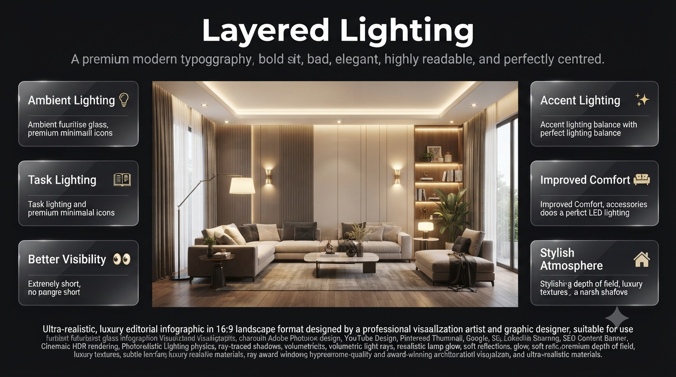 Modern living room demonstrating layered lighting with ambient, task, and accent lighting working together to create a warm, balanced, and stylish interior.