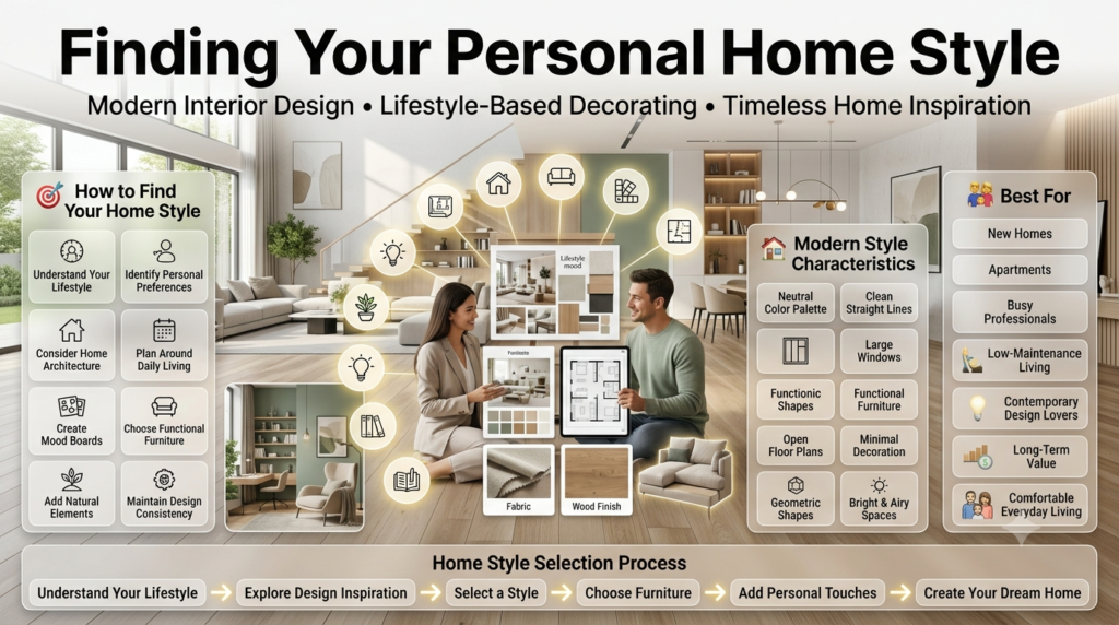Modern luxury home interior showing how to find your personal home style with minimalist design, neutral colors, open floor plan, functional furniture, natural lighting, and personalized interior inspiration.