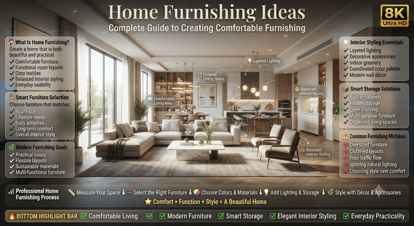 Luxury home furnishing infographic illustrating modern furniture selection, smart storage, interior styling, lighting, functional layouts, and practical home improvement ideas for comfortable everyday living.Home Furnishing Ideas: Complete Guide to Creating Comfortable & Stylish Living Spaces