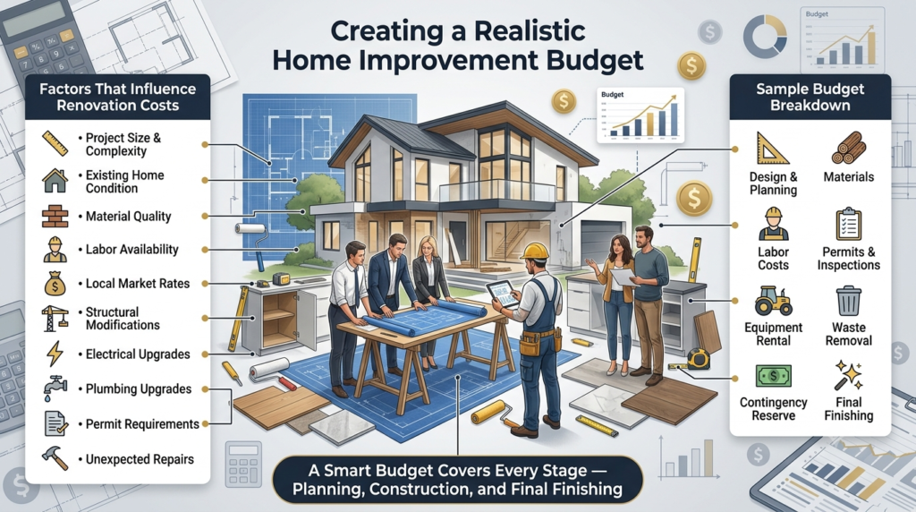 Professional home improvement budget infographic showing renovation cost factors and a sample budget breakdown around a modern luxury home renovation project.