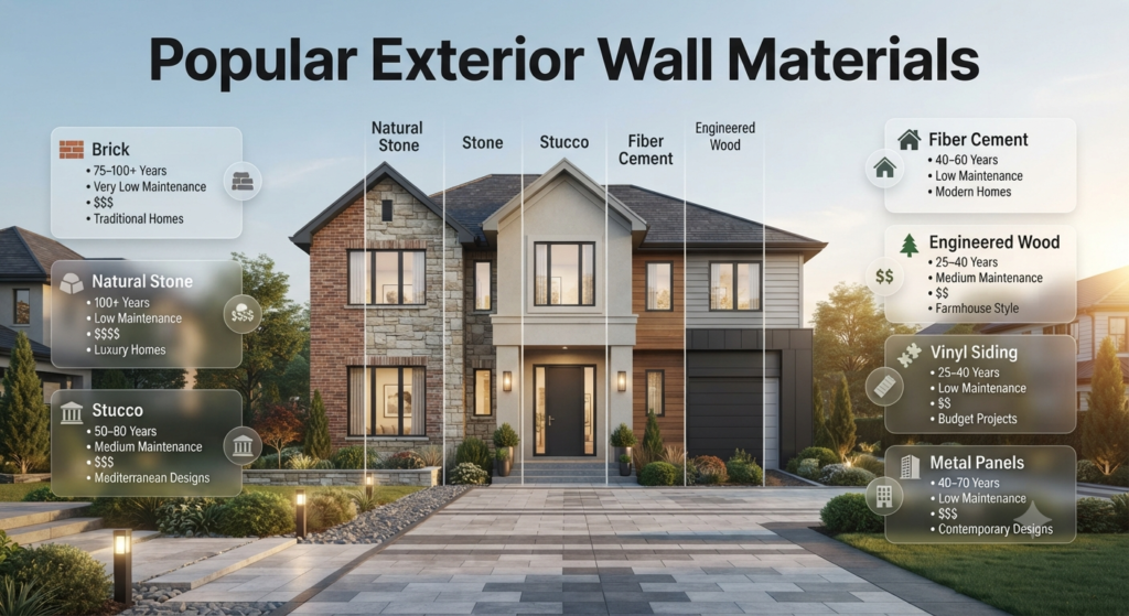 Infographic comparing popular exterior wall materials including brick, natural stone, stucco, fiber cement, engineered wood, vinyl siding, and metal panels with their ideal applications.