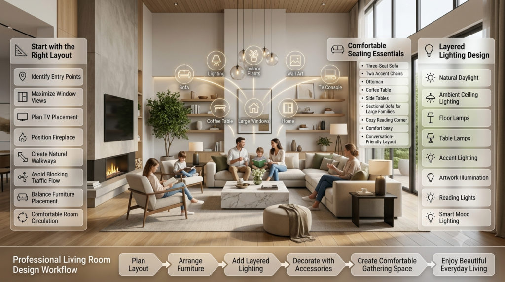 Luxury modern living room featuring comfortable seating, balanced furniture layout, layered lighting, floor-to-ceiling windows, elegant décor, indoor plants, and timeless interior design inspiration.