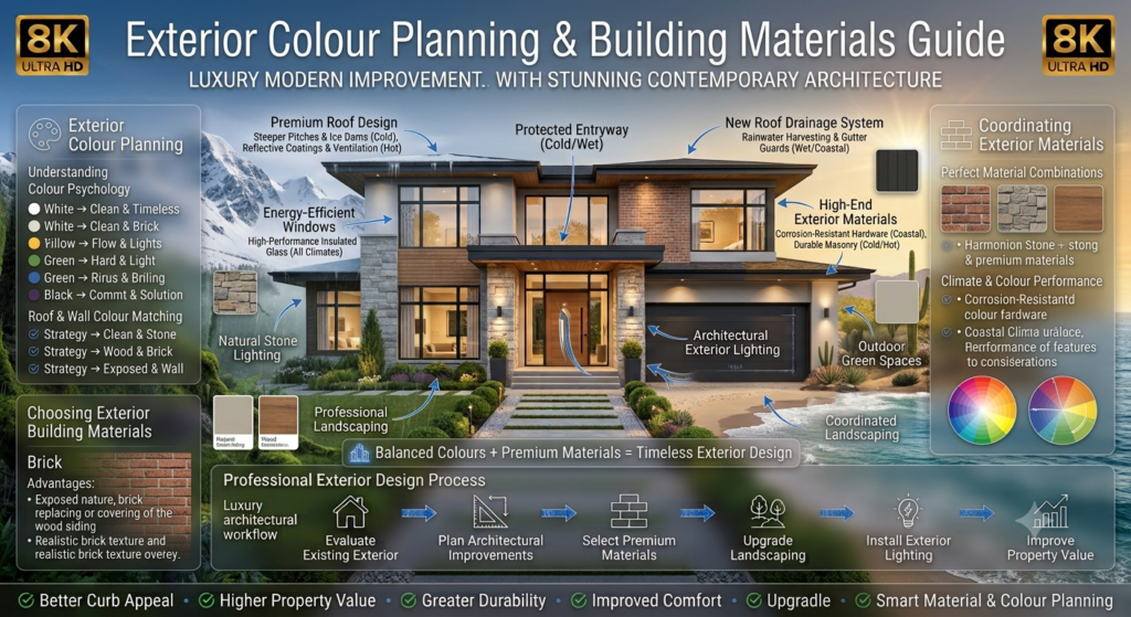 Luxury home exterior infographic explaining exterior colour planning, colour psychology, coordinated building materials, roof and wall colour matching, climate-based paint selection, and durable exterior material choices.