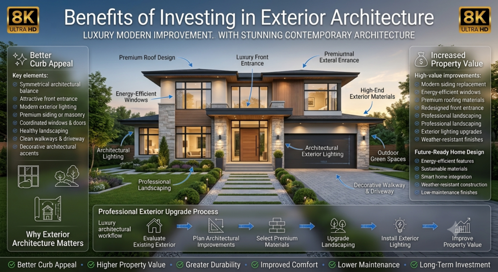 Luxury exterior architecture infographic highlighting the benefits of investing in home exteriors, including improved curb appeal, increased property value, premium materials, landscaping, and modern architectural upgrades.