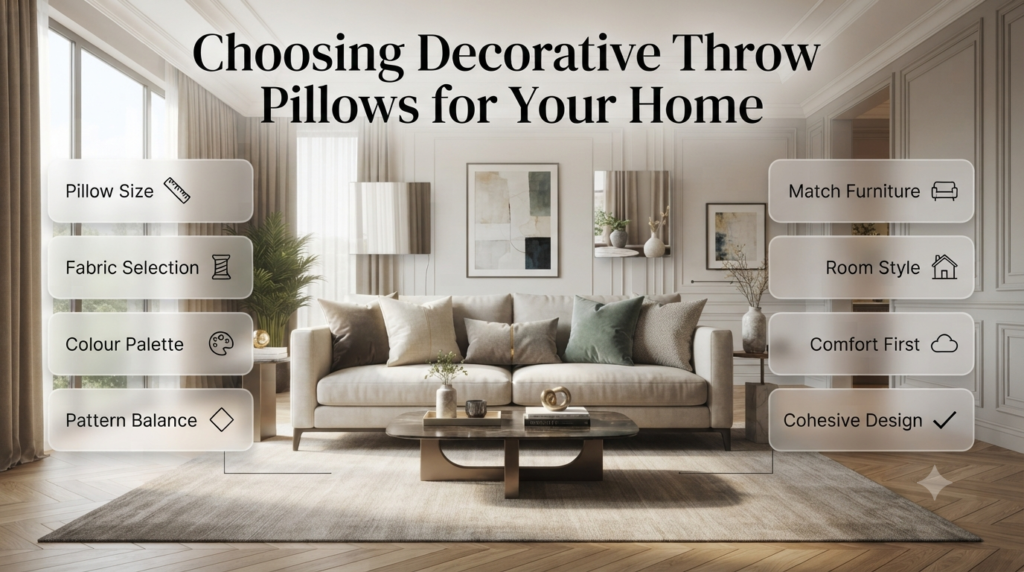 Modern living room with decorative throw pillows demonstrating how to match pillow size, colour, fabric, and patterns for a cohesive interior design.