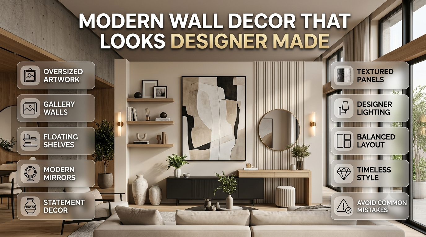 Modern living room featuring designer-inspired wall decor with oversized artwork, floating shelves, mirrors, textured panels, and elegant contemporary styling.