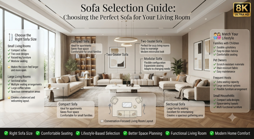 Luxury living room infographic explaining how to choose the right sofa based on room size, household lifestyle, seating needs, and conversation-focused furniture layouts for modern home interiors.