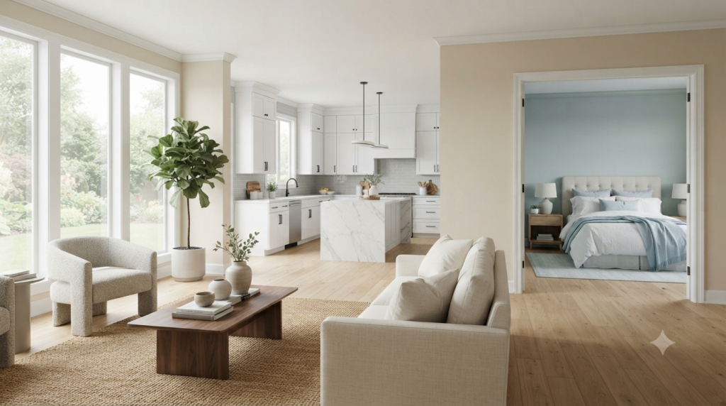 Room displaying the difference in paint color appearance under natural daylight and artificial lighting.
