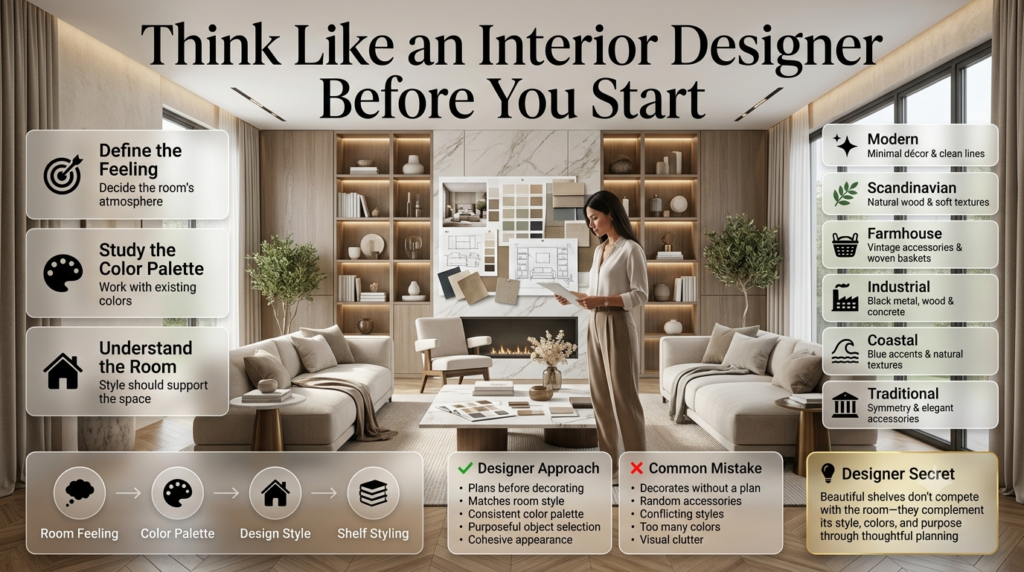 Luxury infographic showing how interior designers plan shelf styling by matching room style, color palette, and purpose before decorating.
