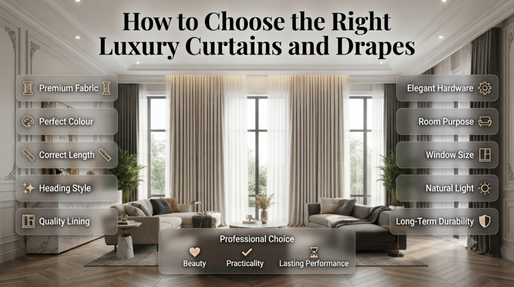 Luxury curtains and drapes selection guide showing fabric, colour, length, lining, hardware, and window styling in a modern elegant living room.