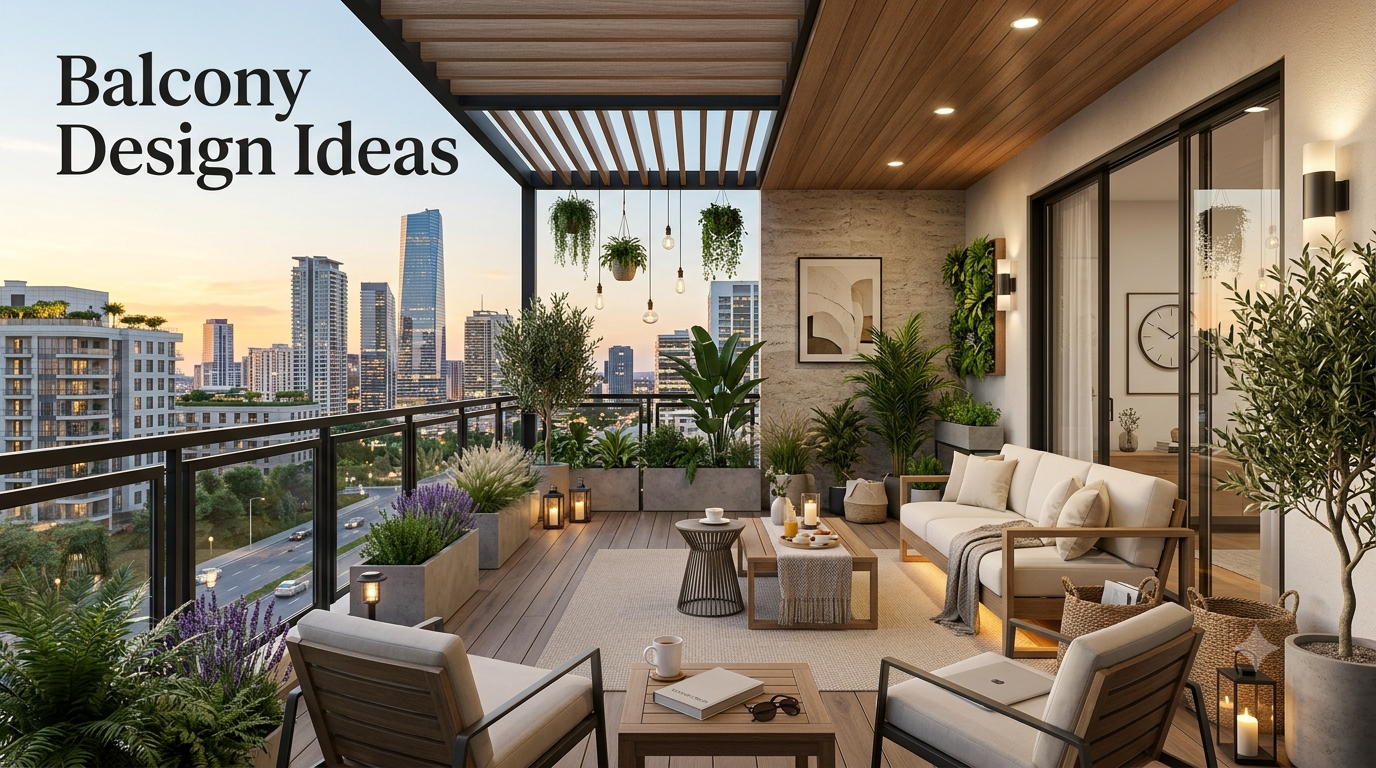 A luxury modern apartment balcony with elegant outdoor furniture, lush greenery, warm lighting, glass railings, and a stunning city skyline at sunset.Modern Balcony Design Ideas – Luxury Outdoor Living Space Inspiration