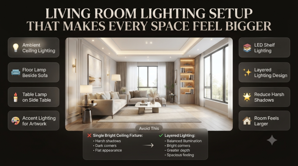 Modern living room featuring layered lighting with ceiling lights, floor lamp, table lamp, accent artwork lighting, and LED shelf lighting for a spacious feel.