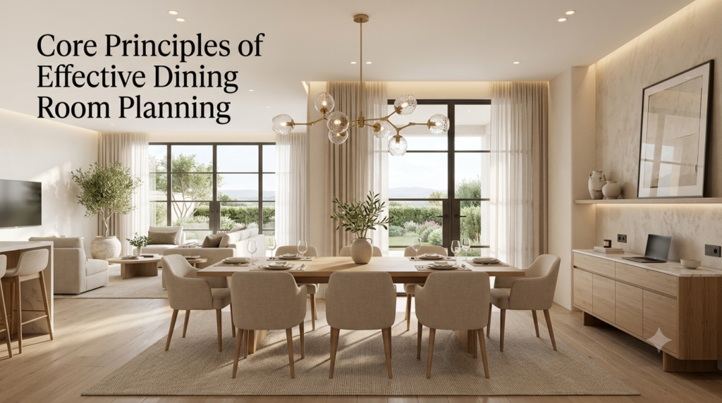 A luxury modern dining room featuring balanced furniture proportions, comfortable chair spacing, elegant lighting, spacious walkways, and a functional open layout.