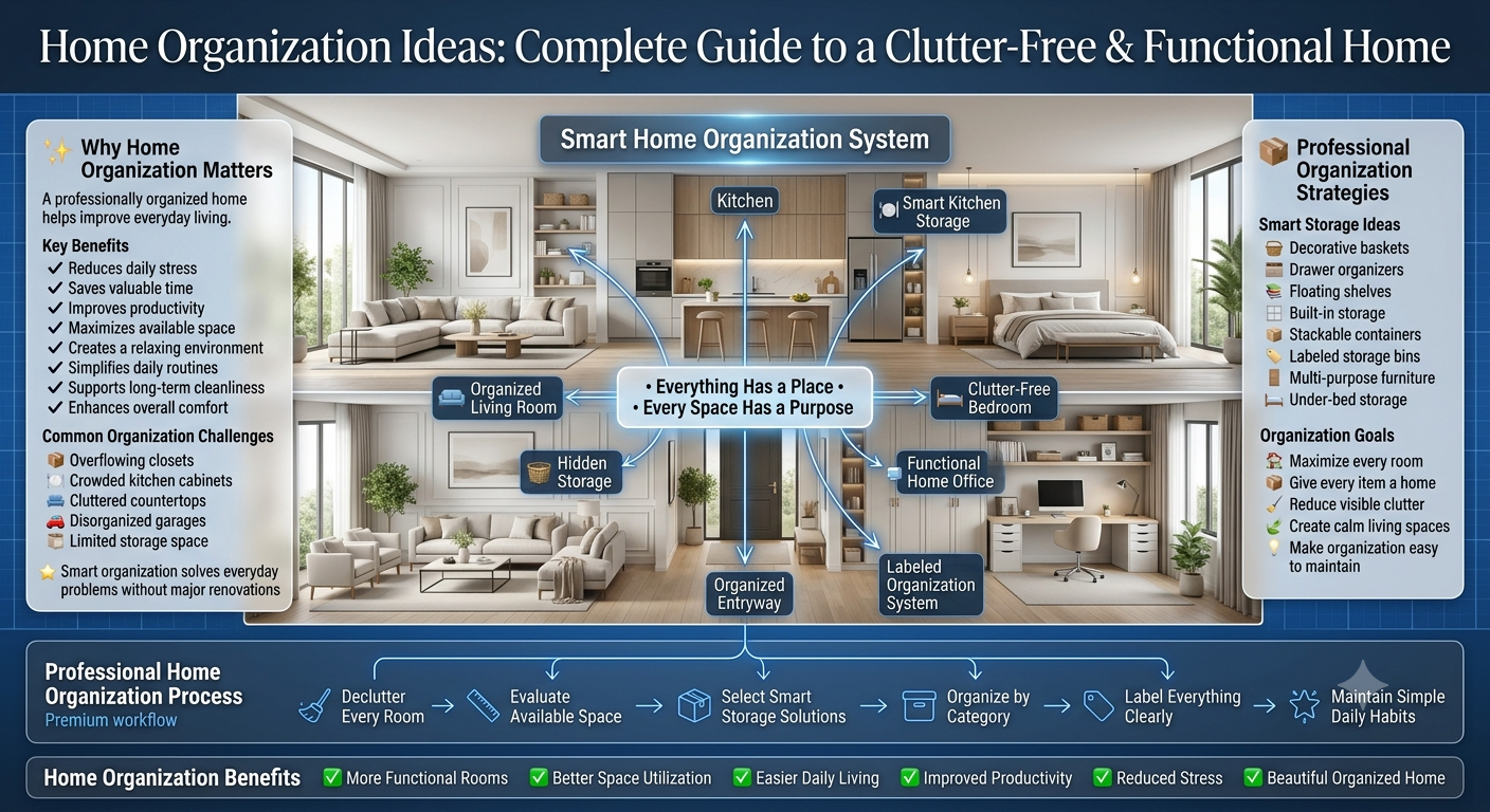 Luxury home organization infographic featuring smart storage solutions, clutter-free rooms, organized kitchen, living room, bedroom, home office, and practical home organization strategies.Home Organization Ideas: Complete Guide to a Clutter-Free & Functional Home