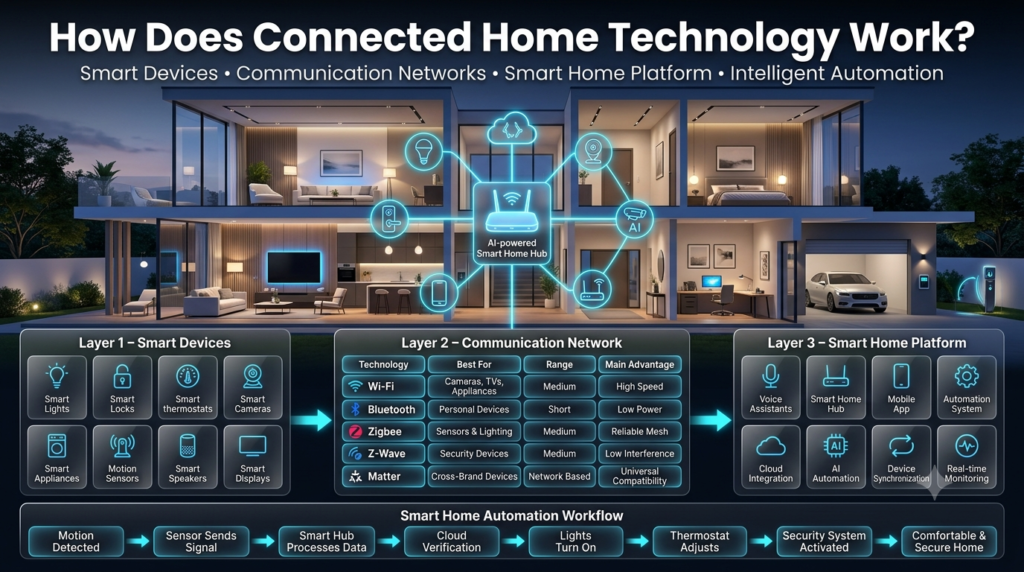 Infographic explaining how connected home technology works using smart devices, Wi-Fi, Zigbee, Bluetooth, Matter, Z-Wave, and a central smart home platform to automate lighting, security, climate control, and connected appliances.