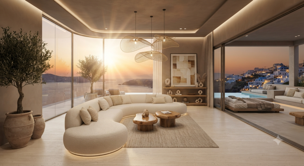 **Create a breathtaking 2026 Luxury Bohemian penthouse that completely redefines modern boho style—clean, elegant, and high-end instead of rustic. Design an open-concept living space with floor-to-ceiling curved glass walls overlooking the Santorini coastline at sunset, featuring a sculptural cream bouclé sectional sofa, smooth microcement walls, seamless light travertine flooring, floating oak shelves, oversized abstract artwork, handcrafted organic coffee tables, designer rattan pendant lights with minimalist forms, premium linen textures, woven natural accents, oversized indoor olive trees, sculptural ceramic décor, subtle pampas arrangements, hidden ambient LED lighting, integrated smart-home technology, and a luxurious indoor-outdoor terrace with an infinity pool. Use a refined palette of warm ivory, sand, beige, soft taupe, and natural wood, creating an airy, sophisticated atmosphere inspired by Soho House and Architectural Digest rather than traditional boho. Capture the scene with a Hasselblad X2D 100C medium-format camera, 17mm ultra-wide architectural lens, cinematic golden-hour lighting, volumetric sun rays, realistic reflections, ray tracing, global illumination, HDR, Unreal Engine 5, Octane Render, V-Ray realism, 16K ultra-photorealistic masterpiece, editorial luxury photography, visually irresistible, crystal-clear focus, NO hippie style, NO colorful clutter, NO old furniture, NO vintage rugs, NO farmhouse, NO macramé overload, NO dark wood, NO messy décor, NO people, NO text, NO logo, NO watermark, NO AI artifacts, NO distortion.