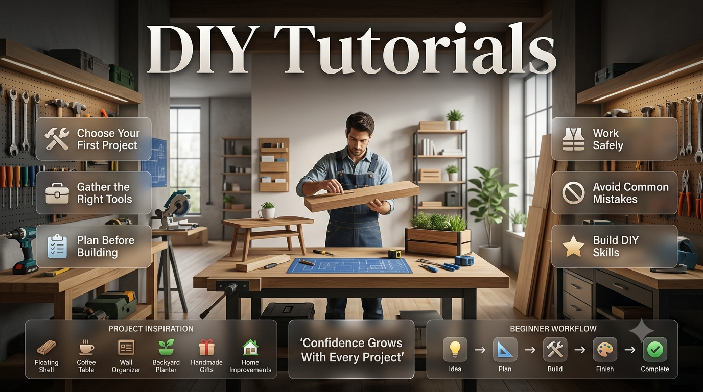 DIY tutorials infographic featuring woodworking tools, home improvement projects, shelves, coffee table, wall organizer, and beginner DIY workspace.DIY Tutorials: Beginner's Guide to Creative Home Projects