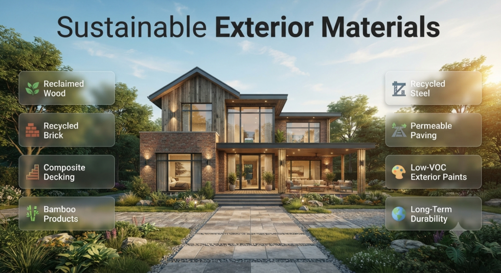 Luxury eco-friendly home featuring reclaimed wood, recycled brick, composite decking, bamboo, recycled steel, permeable paving, and sustainable exterior materials in an infographic.