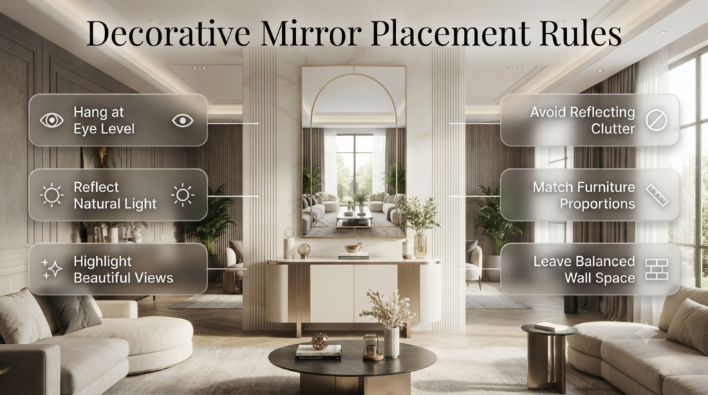 Decorative mirror positioned at eye level in a modern living room, demonstrating ideal placement for reflecting natural light, balanced décor, and visual harmony.