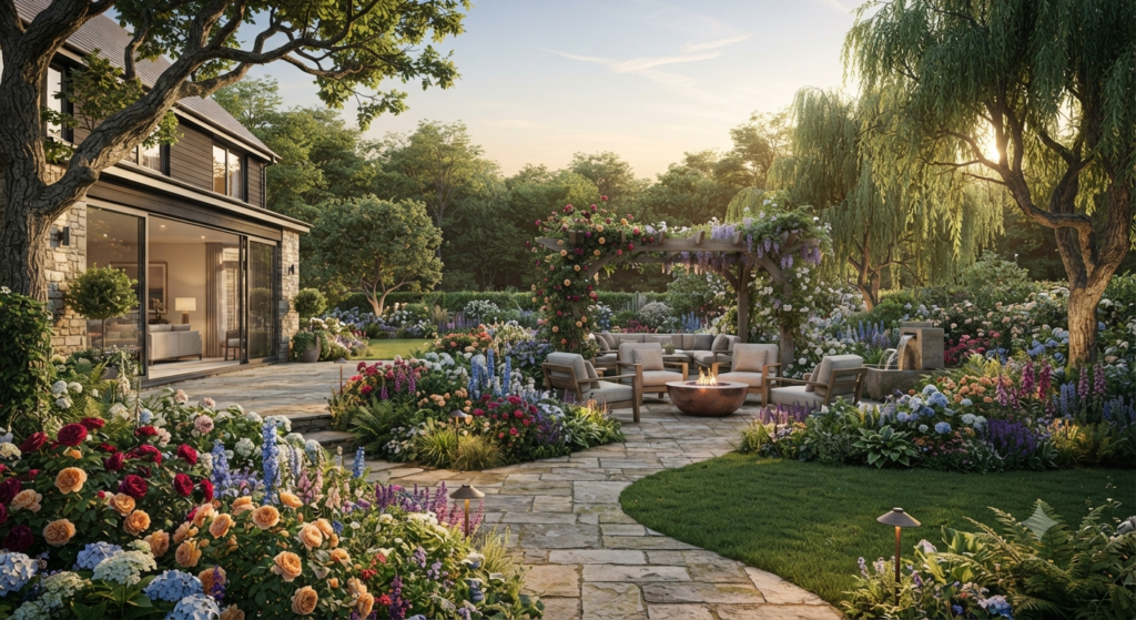Garden Homenumental Guide featuring a beautifully landscaped garden, colorful flowers, lush greenery, outdoor seating, stone pathways, and modern garden design ideas.
