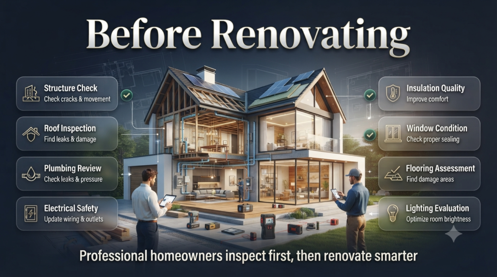 Before renovating home inspection checklist showing structural, electrical, roofing, plumbing, insulation, and lighting evaluation steps.
