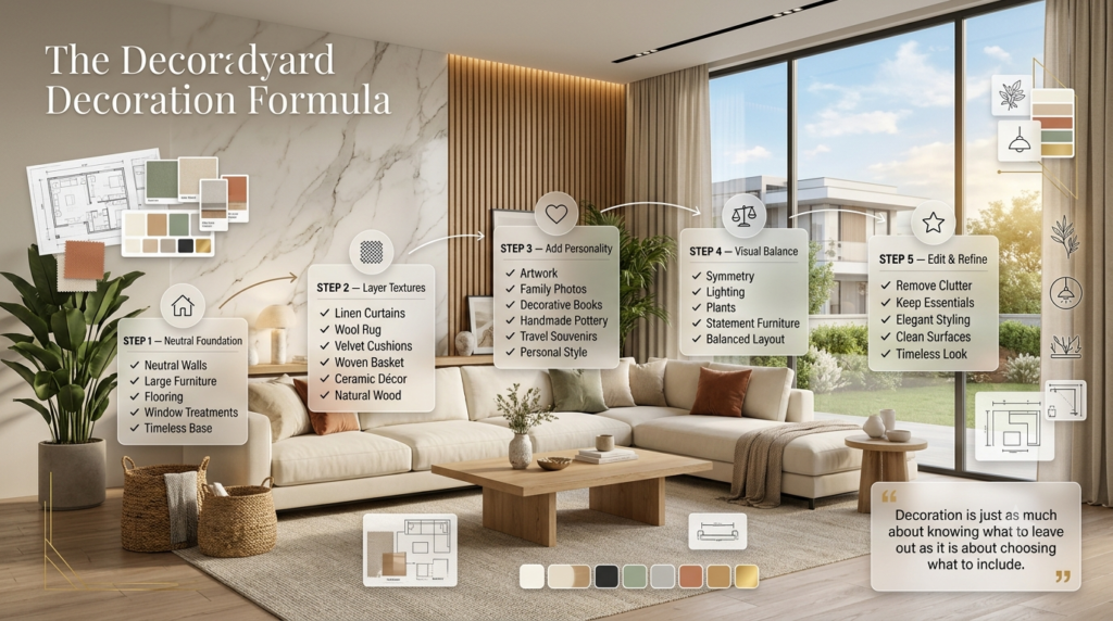 Luxury modern living room illustrating the five-step Decoradyard decoration formula with neutral foundations, layered textures, personalized décor, visual balance, and refined styling.