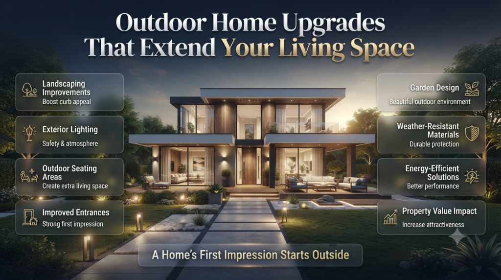 Outdoor home upgrade infographic showing landscaping, exterior lighting, seating, entrances, garden design, and property value improvements.