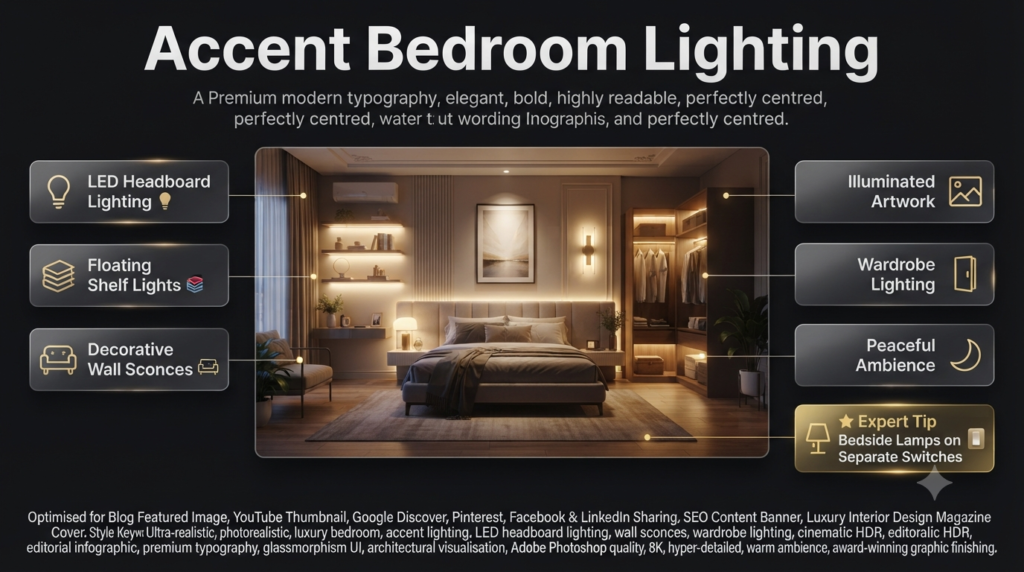 Modern bedroom featuring accent lighting with LED headboard lights, wall sconces, floating shelf lighting, illuminated artwork, and wardrobe lighting.
