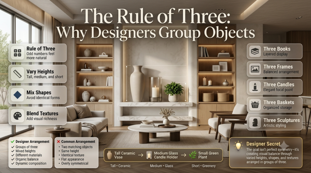 Luxury infographic explaining the Rule of Three with grouped shelf décor including a tall ceramic vase, glass candle holder, and small green plant.