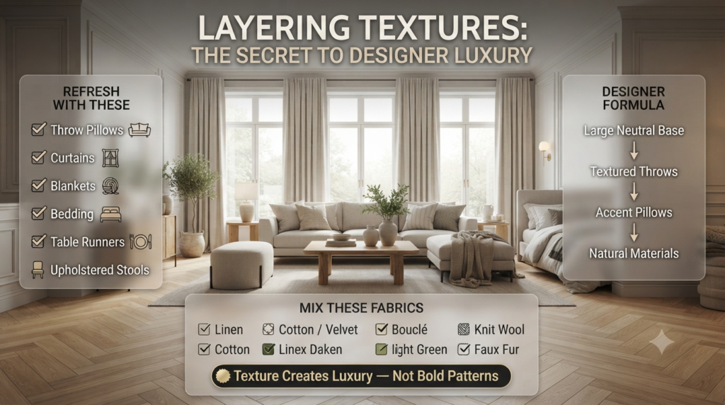 Modern living room with linen curtains, textured throw pillows, knit blankets, elegant bedding, and natural fabrics creating a luxurious designer-inspired interior.