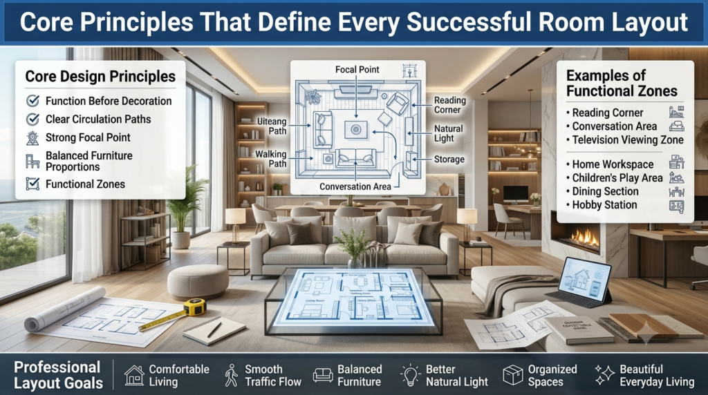 A luxury residential interior with infographic panels explaining the core principles of successful room layouts, including functionality, circulation paths, focal points, furniture proportions, and functional zones.Residential Room Layouts