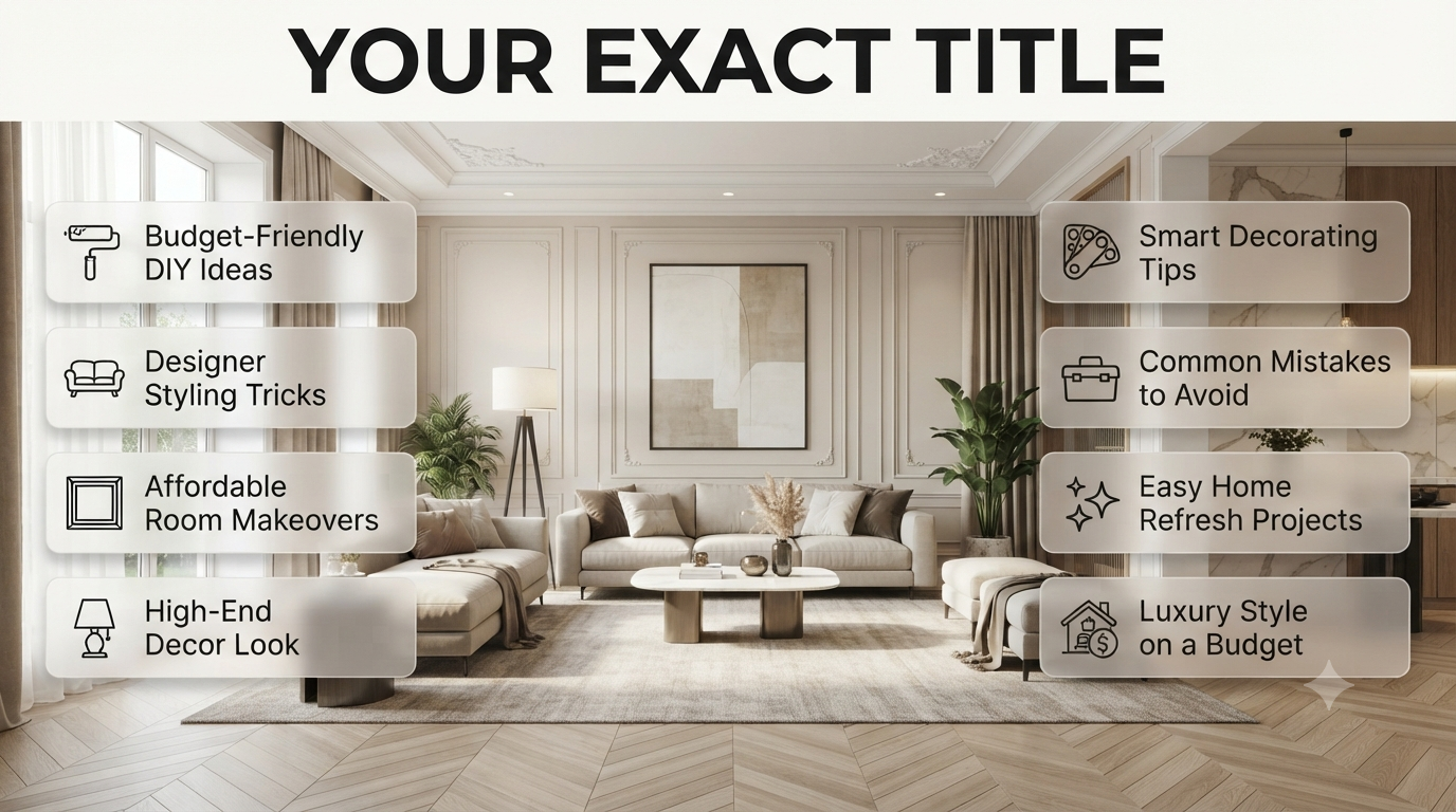 Modern DIY home decor featuring stylish furniture, elegant lighting, wall art, indoor plants, and designer-inspired accents for a luxurious budget-friendly makeover.