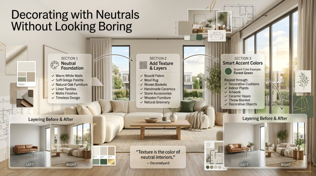 Elegant neutral living room showing layered textures, natural materials, and subtle forest green accents for a timeless, luxurious interior design.Decorating with Neutrals Without Looking Boring – Luxury Layering & Texture Guide (2026)