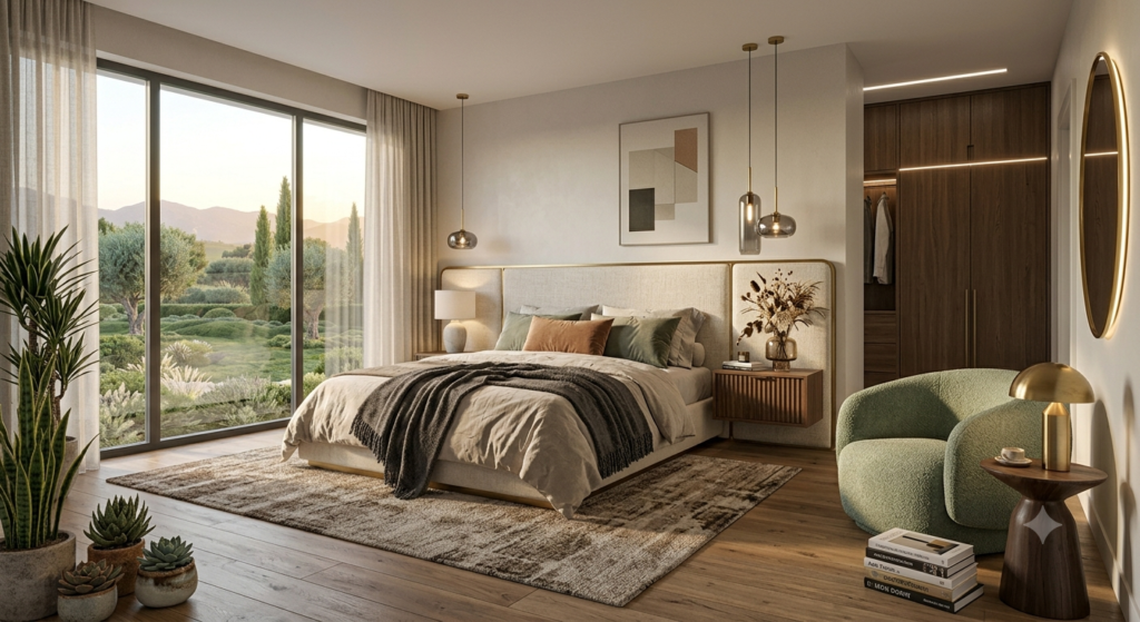 Create a cozy bedroom with soft bedding, warm lighting, stylish furniture, neutral colors, decorative pillows, and a relaxing modern bedroom design.