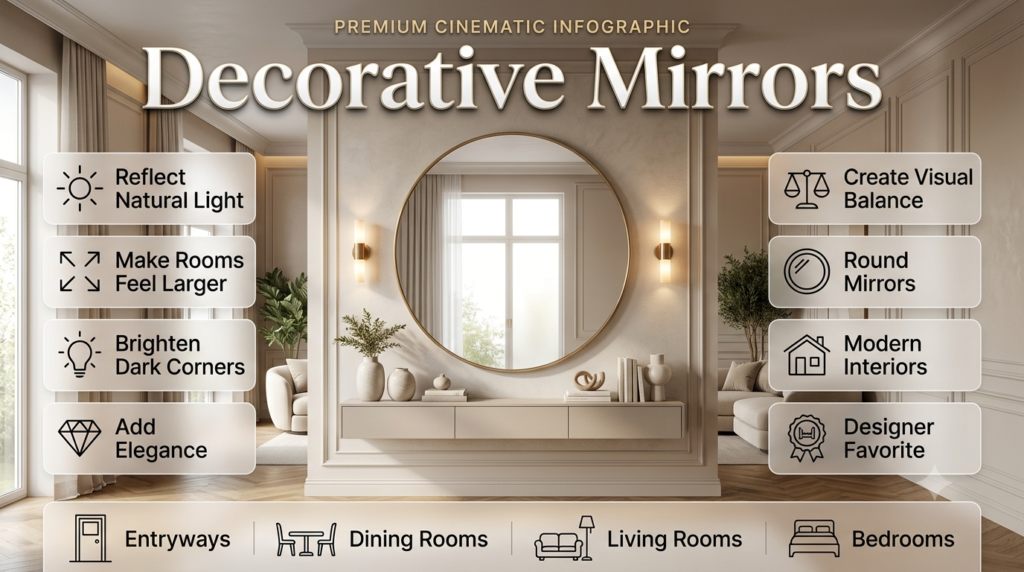 Elegant modern interior featuring a large round decorative mirror with infographic highlights showing how mirrors enhance light, space, balance, and style.