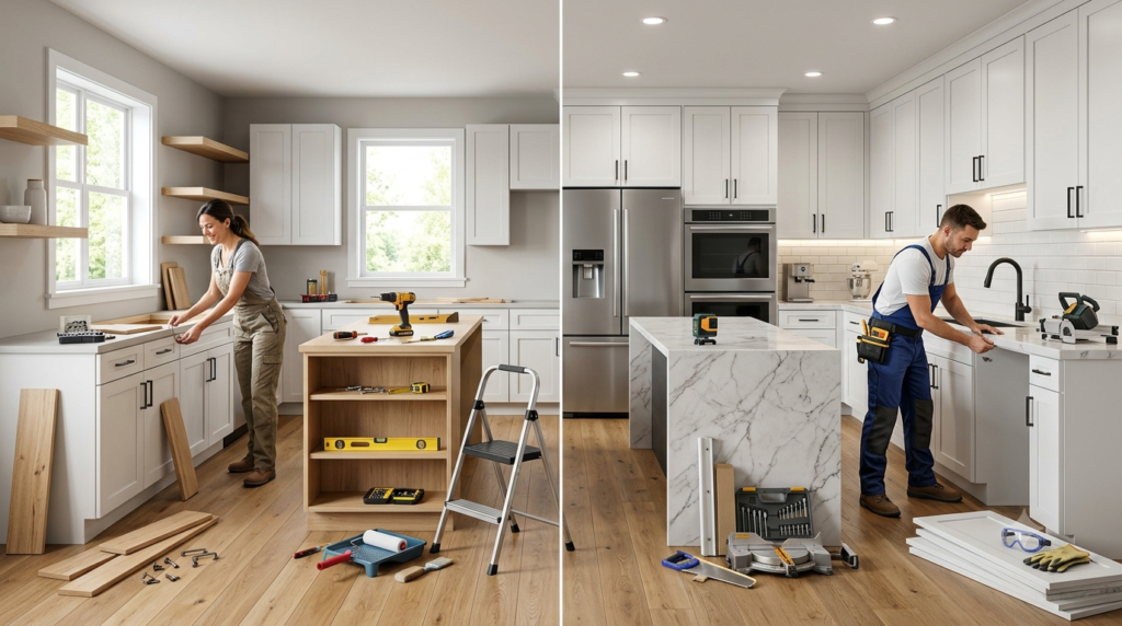 A homeowner comparing DIY renovation with a professional contractor for Kitchen Upgrading Tips Mintpalment, featuring modern cabinets, countertops, and kitchen remodeling tools.