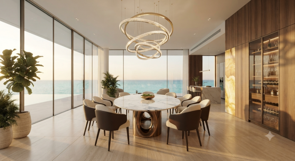 Dining room planning featuring a well-arranged dining table, comfortable chairs, elegant lighting, modern decor, and a functional interior layout.