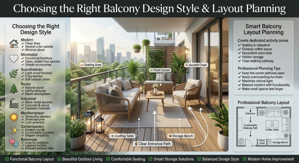 Luxury balcony design infographic illustrating modern outdoor design styles, furniture layout planning, activity zones, smart storage, and comfortable circulation for stylish home improvement.