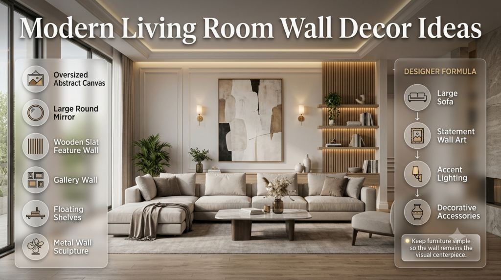 Luxury modern living room featuring statement wall art, floating shelves, textured panels, accent lighting, and infographic callouts with designer wall decor ideas.