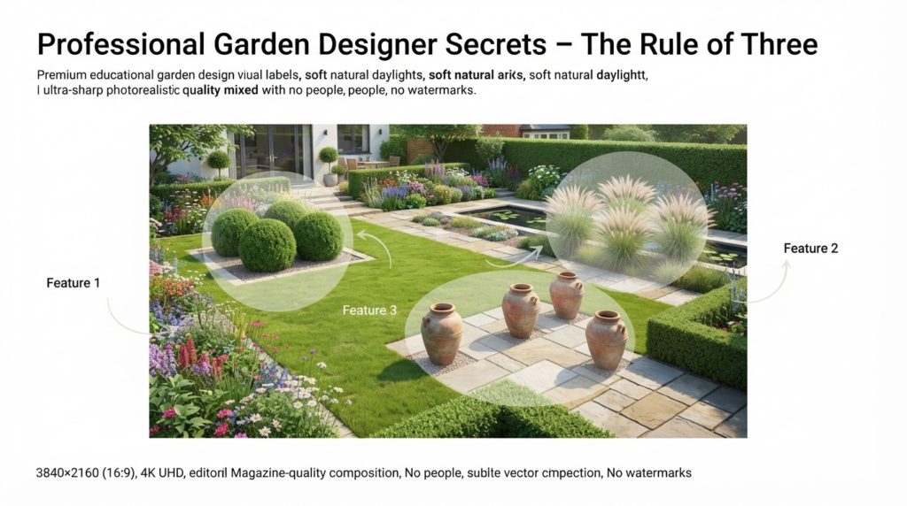 Professional garden designer secrets for creating a balanced garden layout with proper plant selection, focal points, and functional outdoor spaces.